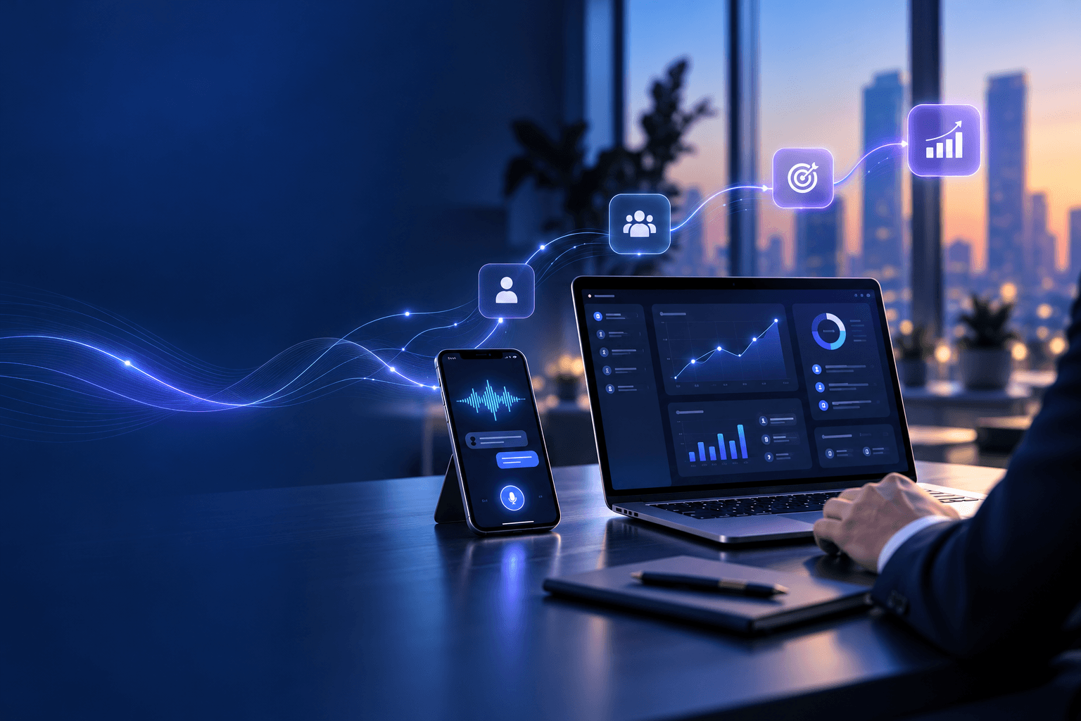 Agente vocale con IA integrato nel processo commerciale, con smartphone, dashboard e percorso digitale verso lead e opportunità di vendita.